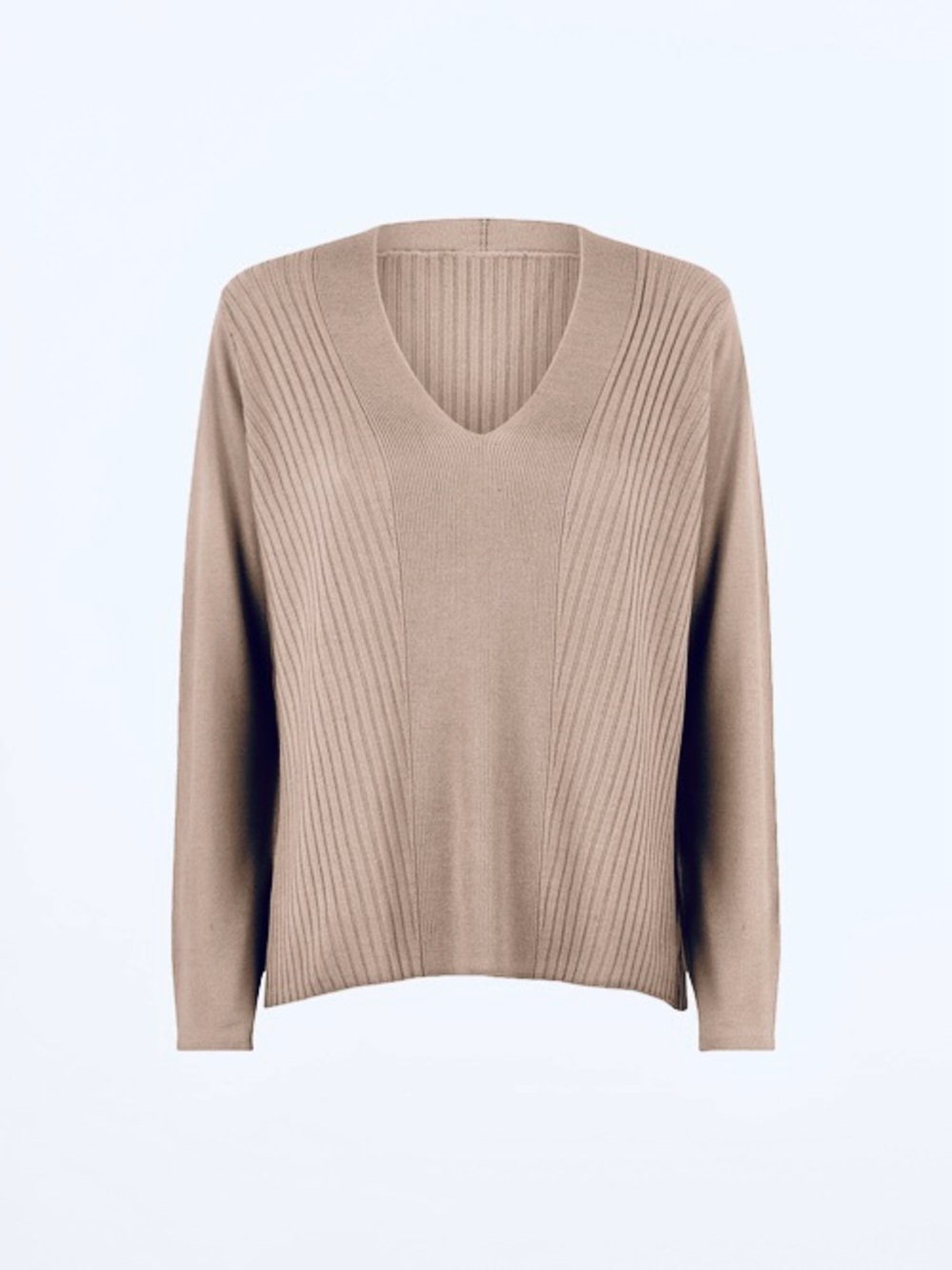 $695 Wolford 100% Virgin Wool Merino Beige Oatmeal VNeck Knit Top Sweater Ribbed
